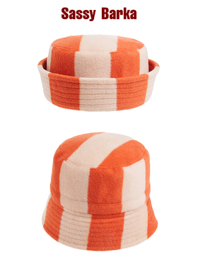 SassyBarka高饱和Brook翻檐平顶羊毛渔夫帽子橙白宽条蓝紫波纹