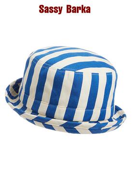 SassyBarka限量蓝白宽条平顶卷檐渔夫帽子小礼帽男女春秋丹宁短檐