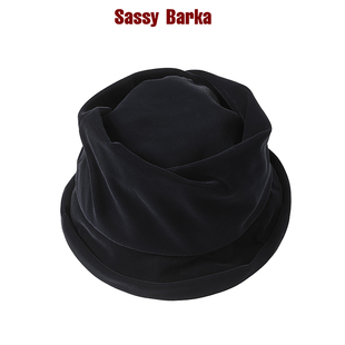 SassyBarka丝绒漩涡立体剪裁设计师款 短卷檐褶皱渔夫卷檐盆帽男女