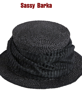 SassyBarka限量设计师款手编伯明翰黑色短檐平顶夏遮阳防晒草帽