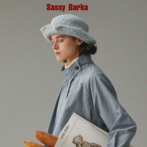 SassyBarka云端绝版立体编织纹莫兰迪蓝木耳边平顶短檐设计小礼帽