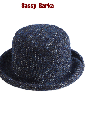 SassyBarka限量设计师款不规则短檐平顶复古做旧羊毛小礼帽子蓝咖