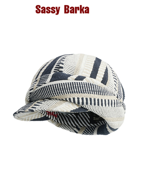 SassyBarka限量国现斑马线报童帽头包脸鸭舌不对称设计条纹蓝白