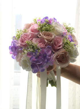 紫色玫瑰仿真三合一可拆分婚庆新娘手捧花家居装饰假花森系清新