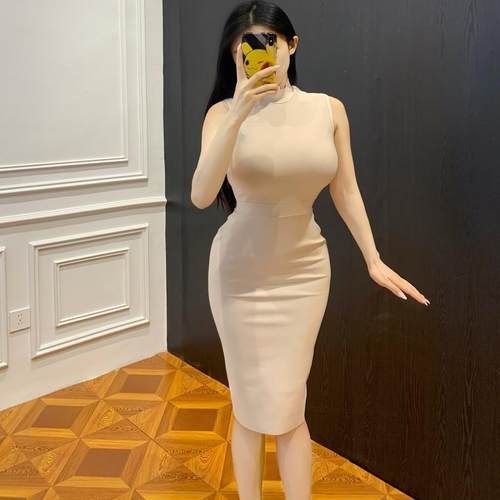 江南美人高弹绷带无袖高领连衣裙