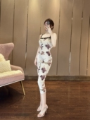 思瑞 印花裙 中式 紫花蕾丝吊带连衣裙 原创设计品质弹力包臀修身