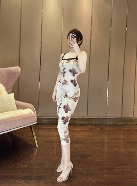思瑞 紫花蕾丝吊带连衣裙 原创设计品质弹力包臀修身中式印花裙