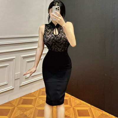 弹力蕾丝性感包臀旗袍+短款上衣