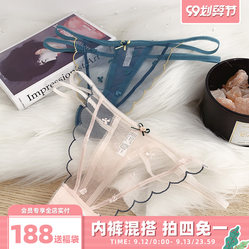 六只兔子内裤少女蕾丝性感诱惑超薄微透低腰丁字裤棉质底裆T字裤