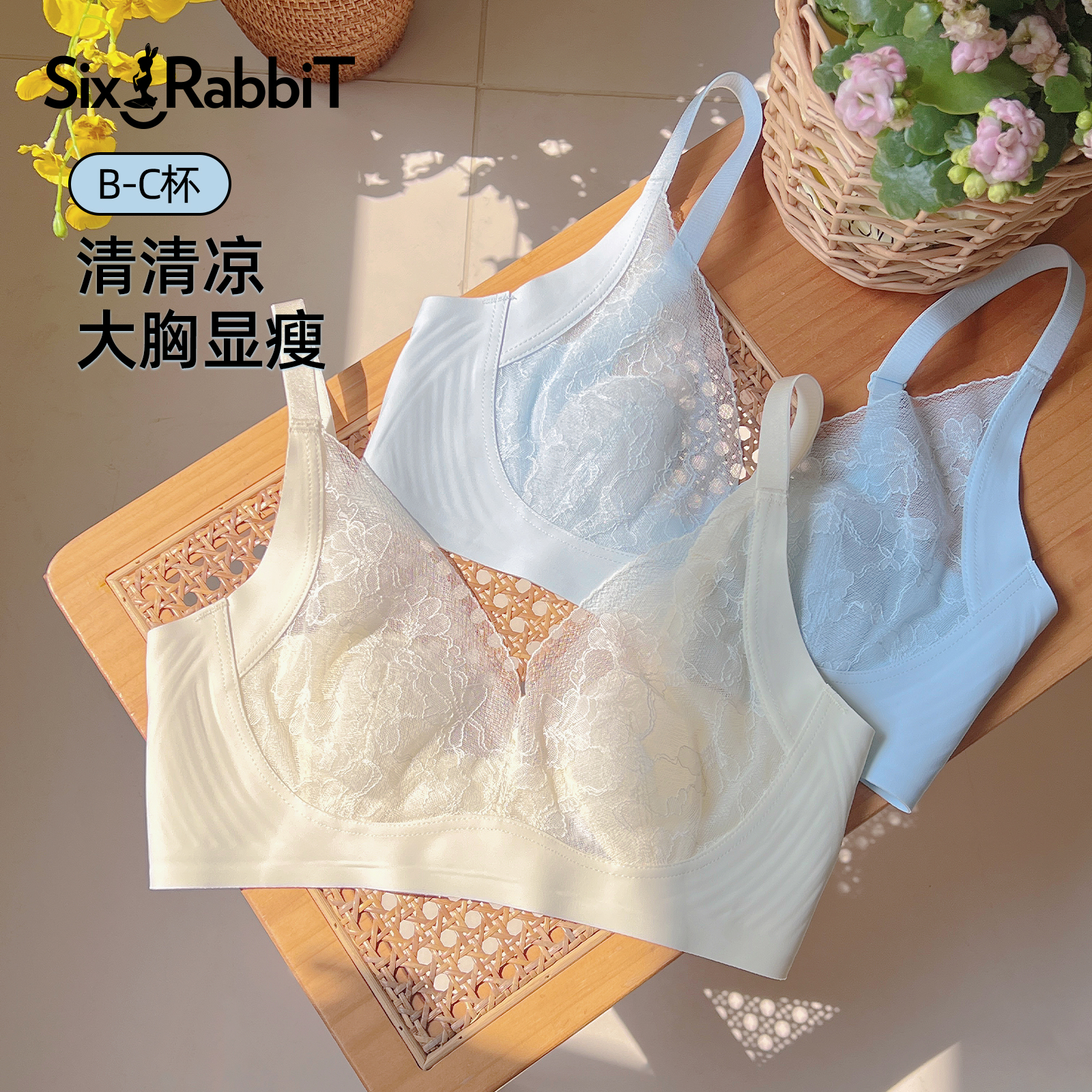 六只兔子大胸显小蕾丝无钢圈文胸