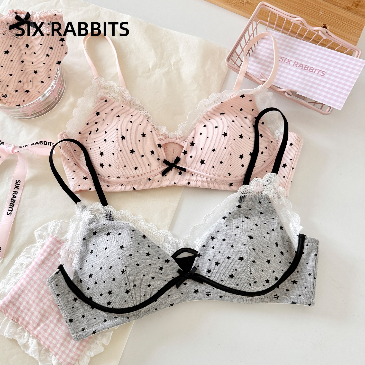 六只兔子蕾丝内衣女薄款显瘦无钢圈胸罩收副乳防下垂文胸套装