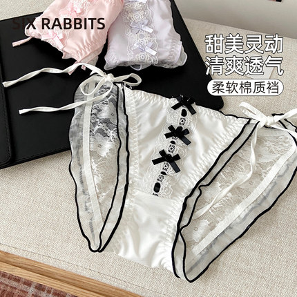 六只兔子3条装薄款内裤女纯棉底裆短裤中腰甜美少女风蕾丝三角裤