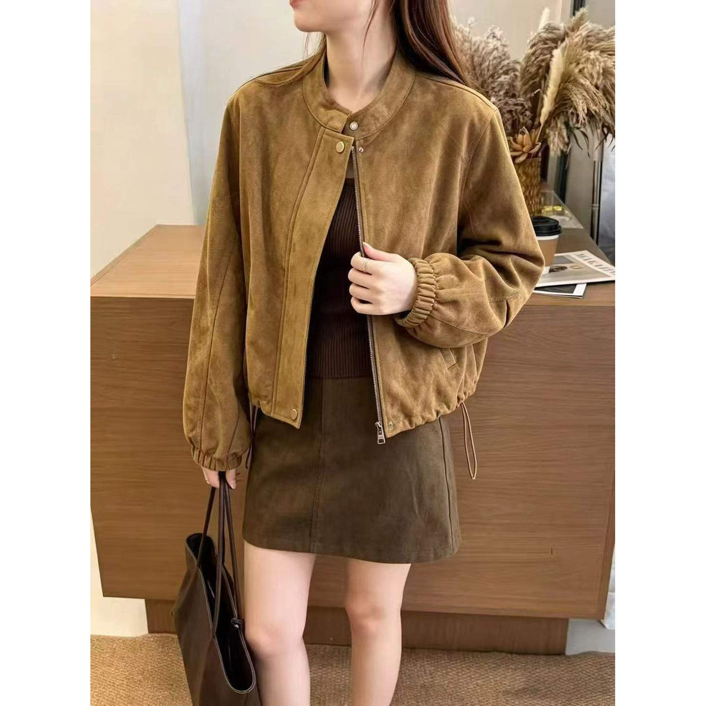 秋季2026新款休闲气质立领女装通勤百搭夹克上衣鹿皮绒外套女短款