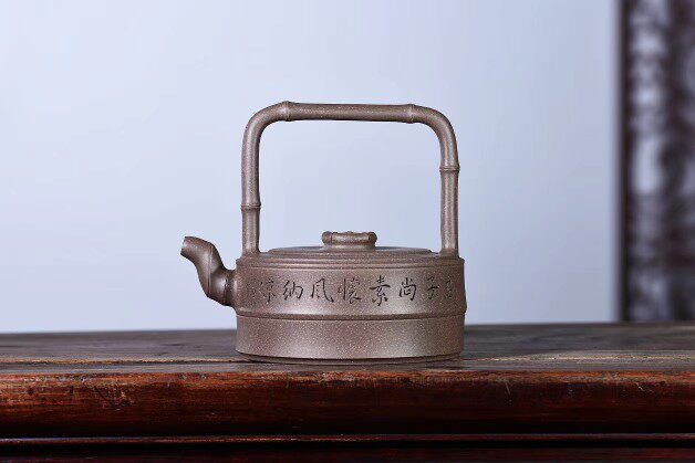 江苏宜兴紫砂壶国助工白洪欣纯手工福竹提梁精品青灰段350CC容量