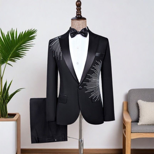黑色帅气闪钻艺考西装青年歌手大合唱团主持人演出服男士西服套装