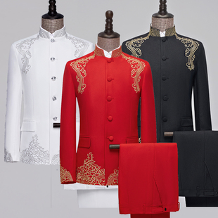 男士歌手主持人舞台表演礼服中国风刺绣立领中山装大合唱演出服冬