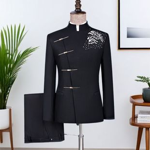 新中式立领西装外套男中山装高级感国风新郎订婚结婚礼服西服套装