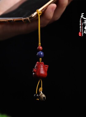 印度小叶紫檀招财猫手机链汽车钥匙扣木雕挂件招财文玩情侣吊坠