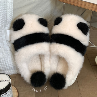 日本GP可爱黑白熊猫棉拖鞋女秋冬居家防滑半包跟保暖毛毛鞋月子鞋