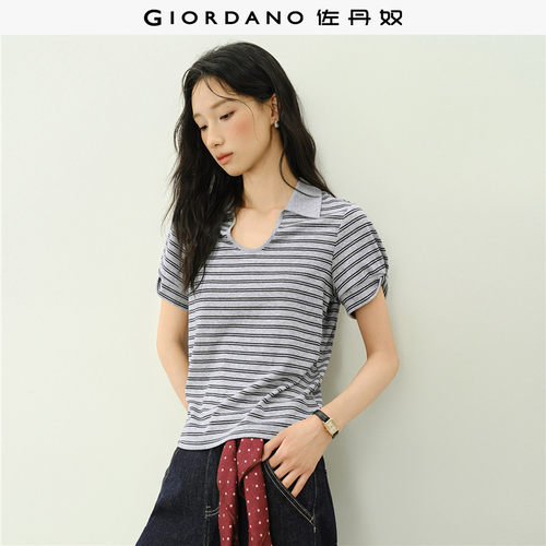 佐丹奴Polo女装条纹U型翻领针织短袖POLO衫 18316102