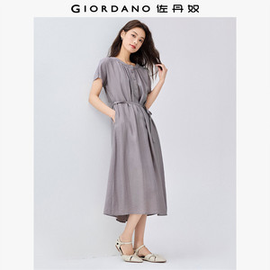 佐丹奴裙子女装收褶圆领腰带配内衬梭织连衣裙 05465063