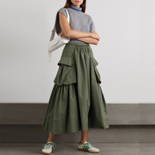 大口袋遮肉显瘦长款 新款 百搭 风半身裙女军绿色大摆A字裙夏季 工装