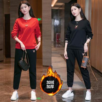 2024秋冬新款女士运动服套装加绒加厚保暖卫衣休闲时尚洋气两件套