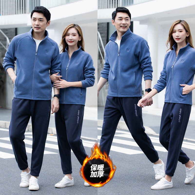 加绒加厚情侣运动服套装新款时尚男女休闲秋冬保暖开衫卫衣两件套