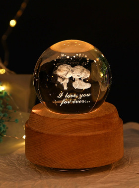 水晶球发条旋转音乐盒木底座桌面摆件生日礼物送女朋友节日礼品