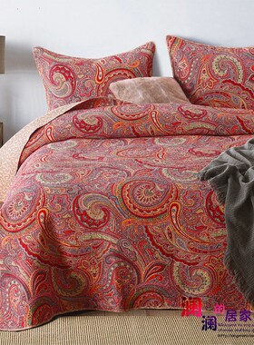 红色美式出口全棉床盖三件套韩国水洗绗缝被欧式夹棉纯棉床单床盖
