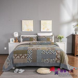 外贸美式拼块纯棉高档绗缝被拼布被床盖三件套加厚床单床盖