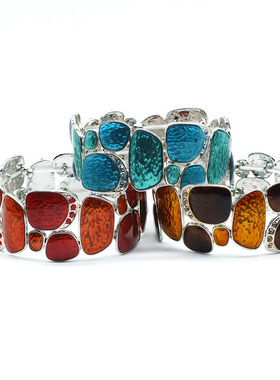 欧美外贸尾单饰品金色手镯珐琅彩弹力手链女士夸张滴油手镯 B9151