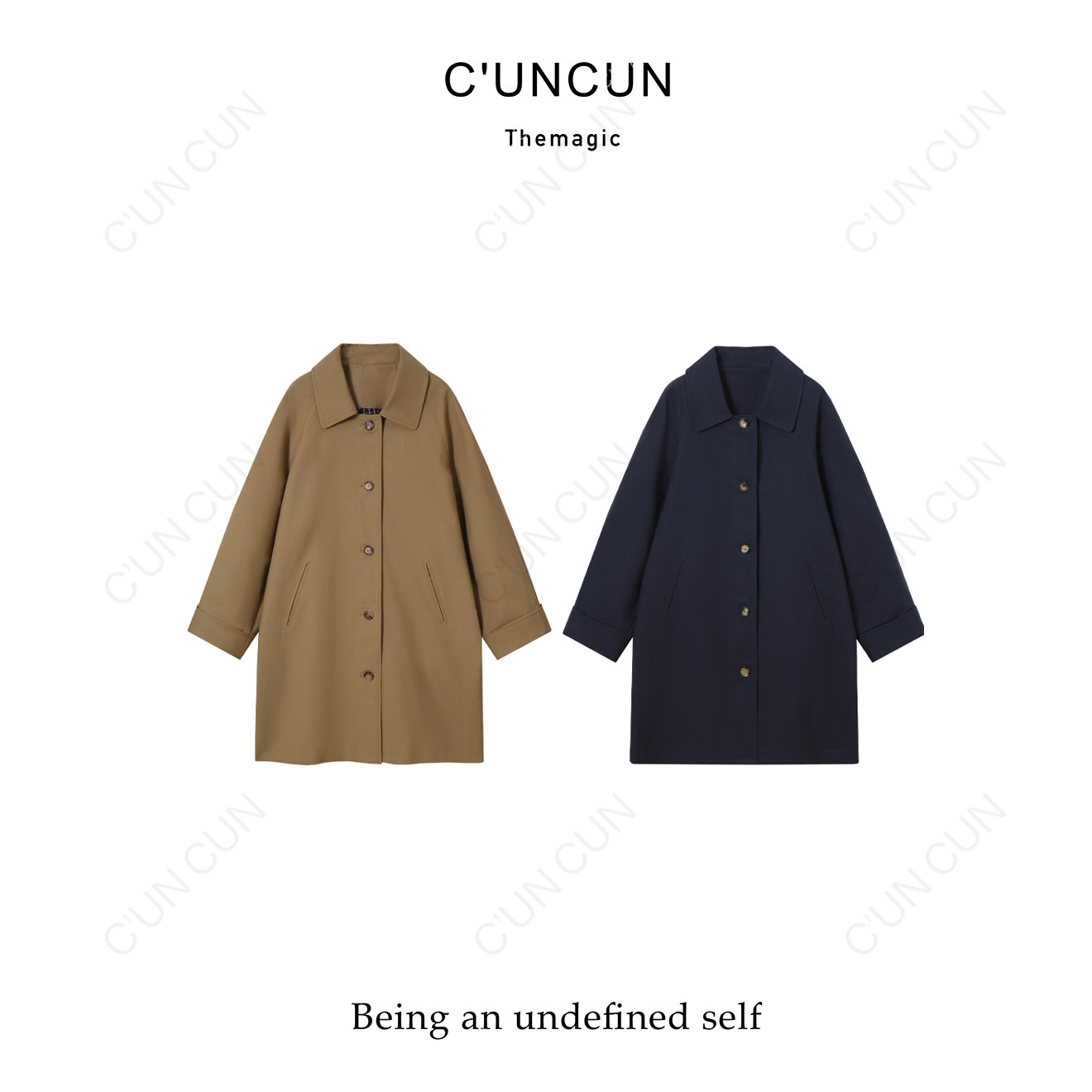 【村村CUNCUN】2025秋翻领轻奢时尚直筒风衣纽扣设计师款