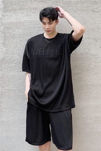 21年夏季新款潮流时髦个性灯芯绒凸版压花宽松休闲T恤套装D07-P85图片