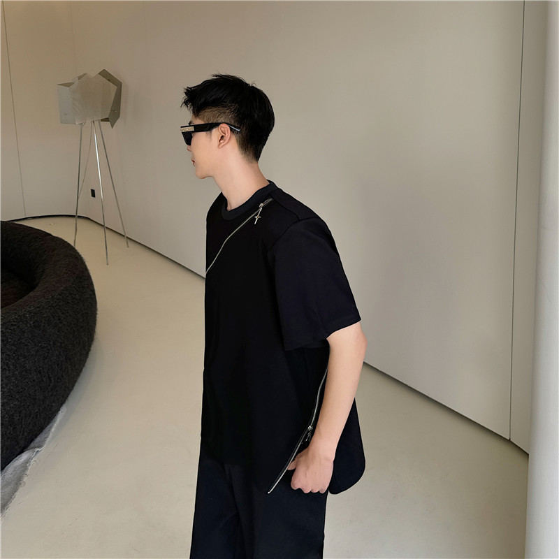 24年夏季新款潮流时髦个性小众设计拉链装饰宽松垫肩T恤D45-P70图片