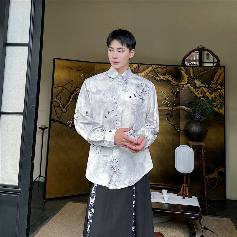 24年新款潮流时髦新中式风印花绸缎感宽松休闲长袖衬衣S285-P75,男装衬衫,星座1304（原C205）