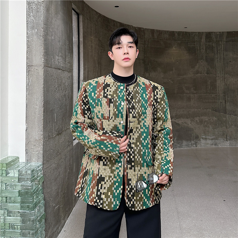 24年秋季新款潮流时髦个性彩色格子设计小众无领呢子外套966-P155，男装西服，星座1304（原C205）