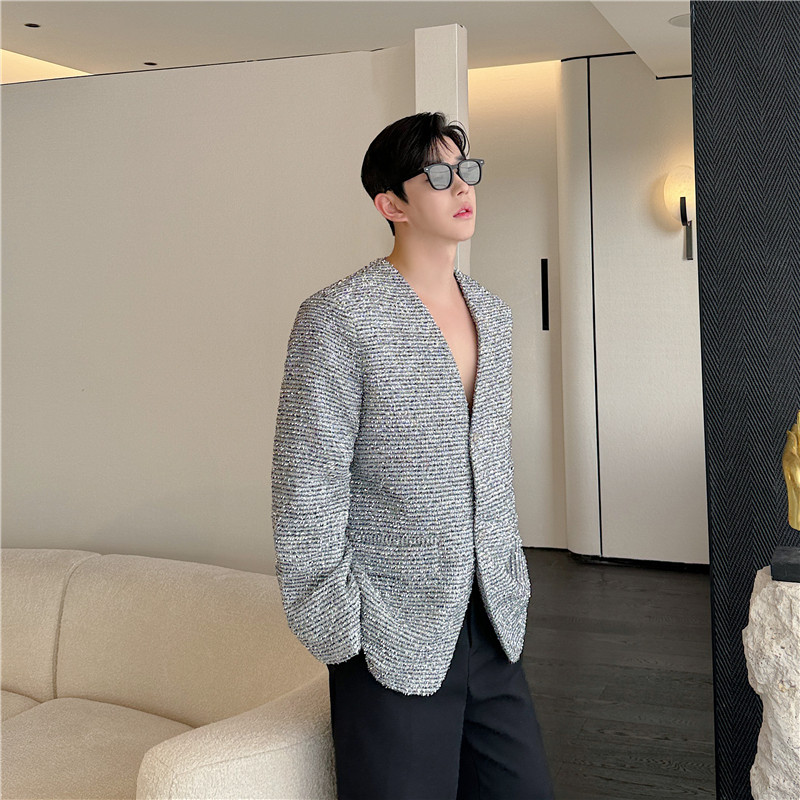 24秋潮流时髦韩版个性亮片装饰设计舞台走秀造型无领西服954-P145，男装西服，星座1304（原C205）