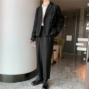 21年春新小众暗黑风韩版修身流行个性双排扣西服套装TF09-P175图片