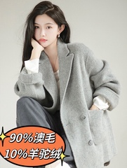 小小幸运秋冬新款双面羊绒大衣女100%纯羊毛呢外套羊驼绒灰色短款