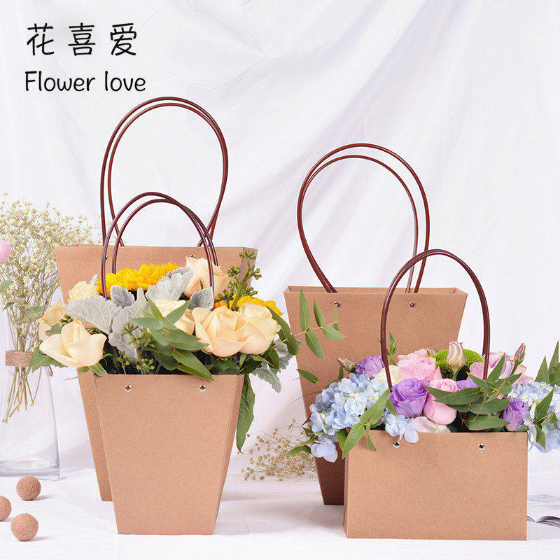 母亲节花束防水手提袋牛皮花袋方形花艺插花盒礼品袋鲜花手拎袋