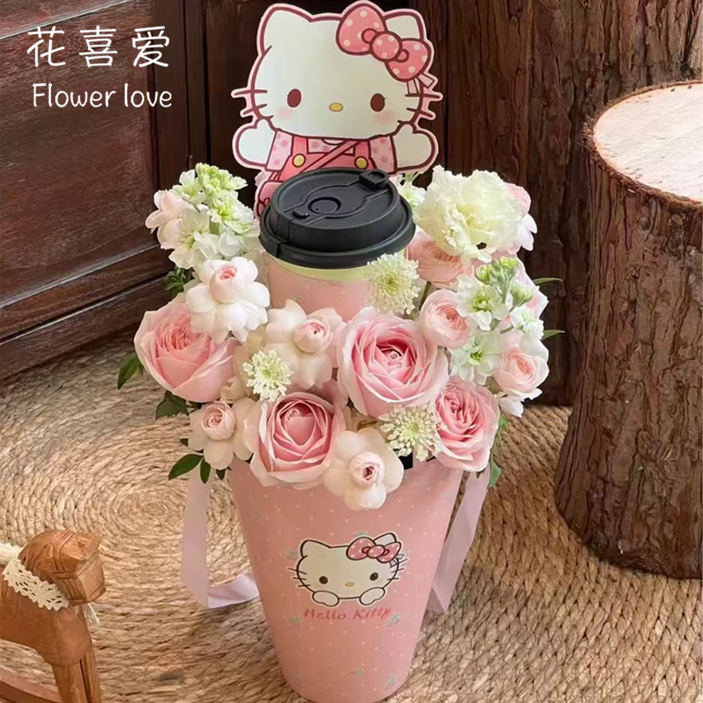 红猫冰淇淋插花桶玫瑰花束包装纸图片