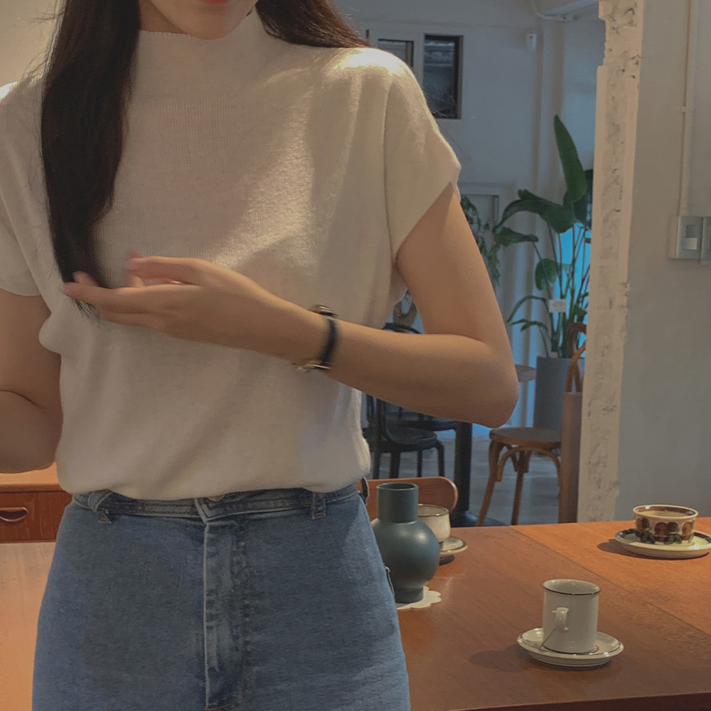 BSYY韩国代购直邮 秋季女款 白色纯色修身半高圆领短袖打底针织衫
