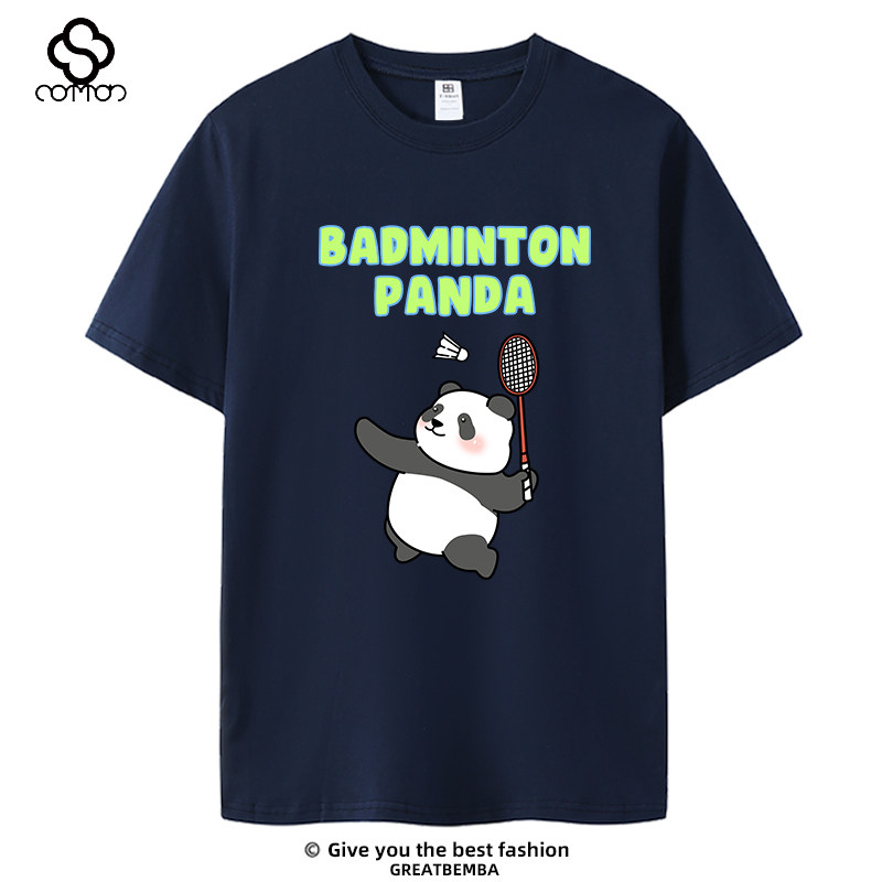 春夏季卡通熊猫打羽毛球文化衫短袖T恤男女款情侣大码运动休闲