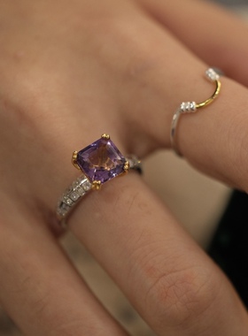 IG Jewelry大颗切面方糖天然紫水晶戒指s925金银分色工艺活口戒圈