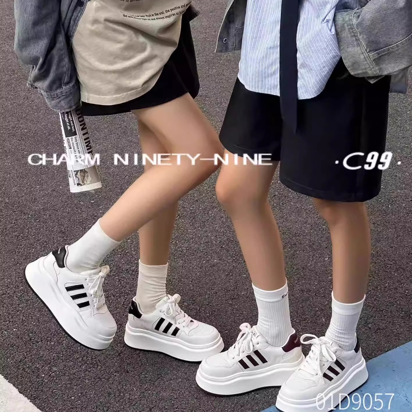 真皮厚底三道杠圆头时尚小白鞋