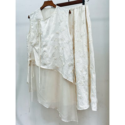 特清！新中式国风上衣女无袖刺绣斜襟复古中长款背心+松紧腰半裙