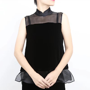 特!复古立领真丝丝绒上衣高级感黑色衬衣女无袖小众高贵洋气衬衫