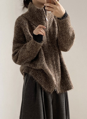 言双 软糯宽松高领毛衣外套女秋冬小众慵懒针织拉链开衫上衣P1042