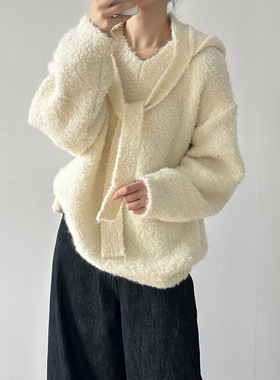 言双 慵懒风奶呼呼毛衣女 冬季V领针织上衣+可拆卸披肩帽子K259